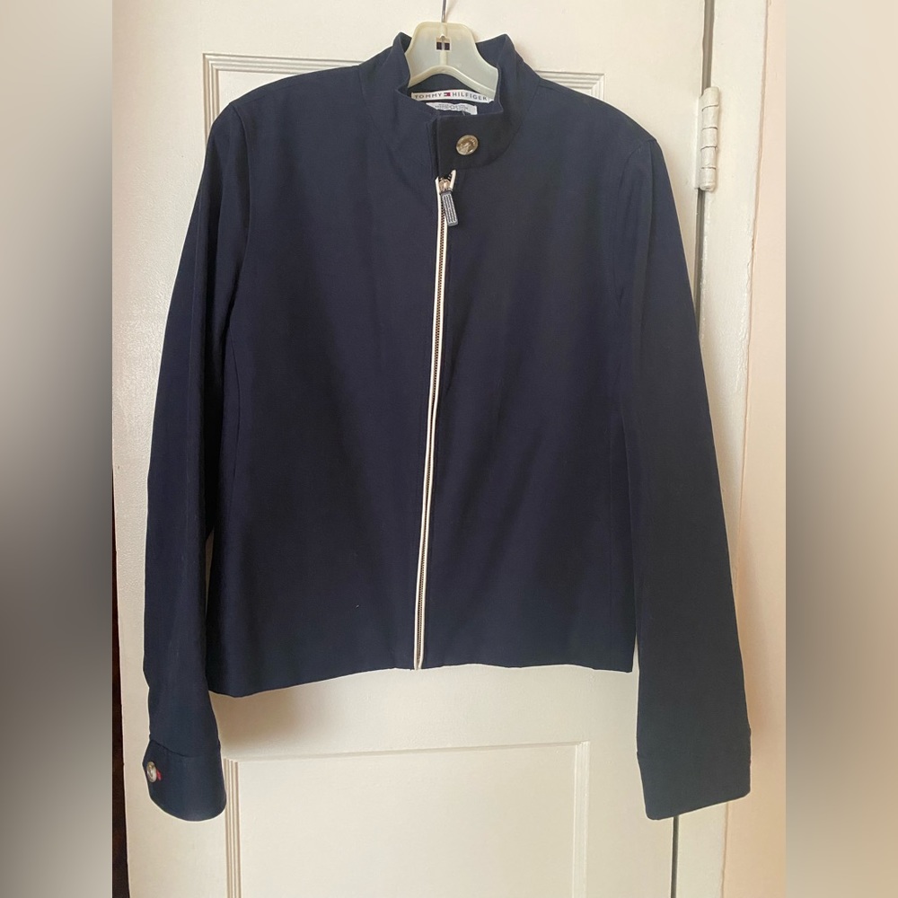 Tommy Hilfiger navy blue jacket with red/white & buttons detailing. Size L